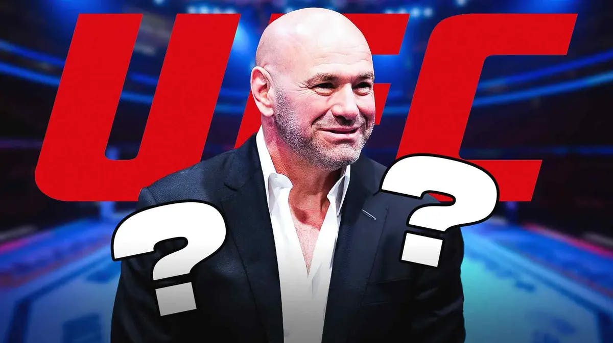 Dana White in front of the UFC logo, questionmarks around him