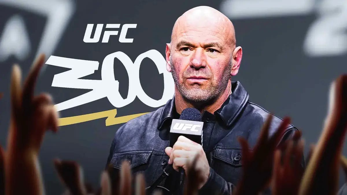 Dana White in front of the UFC 300 logo conor mcgregor