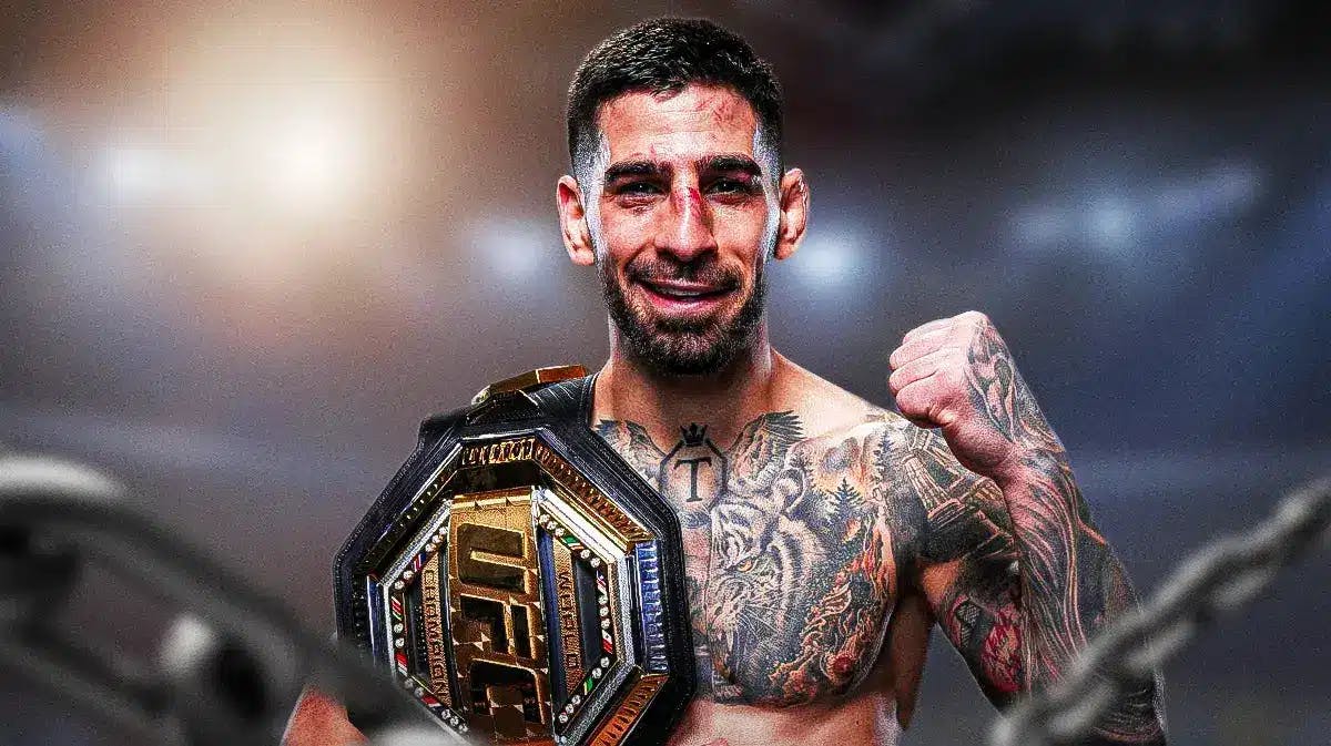 UFC fighter Ilia Topuria holding the UFC Featherweight championship