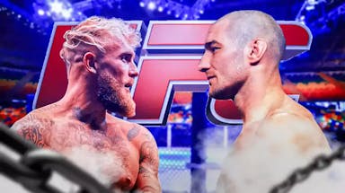 Jake Paul facing off Sean Strickland in front of the UFC logo