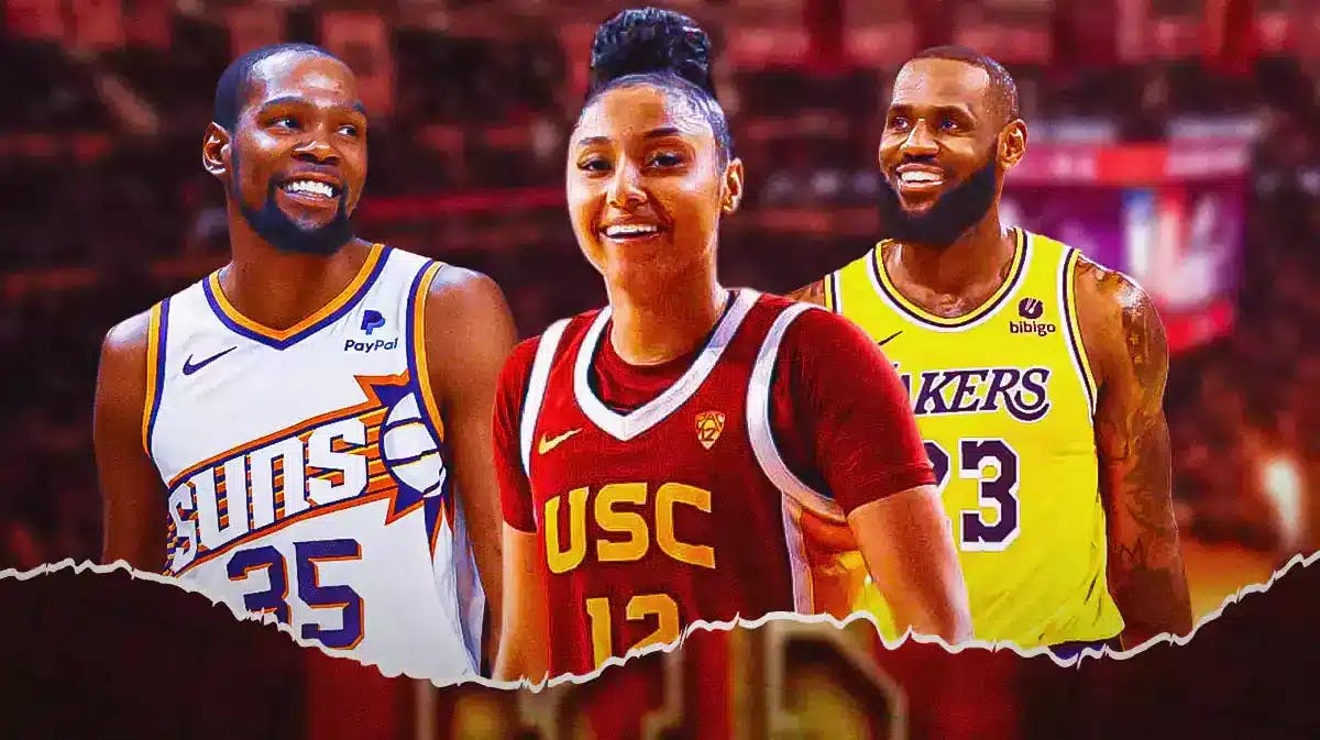 USC women's basketball's Juju Watkins smiles next to LeBron James and Kevin Durant after her game against Stanford