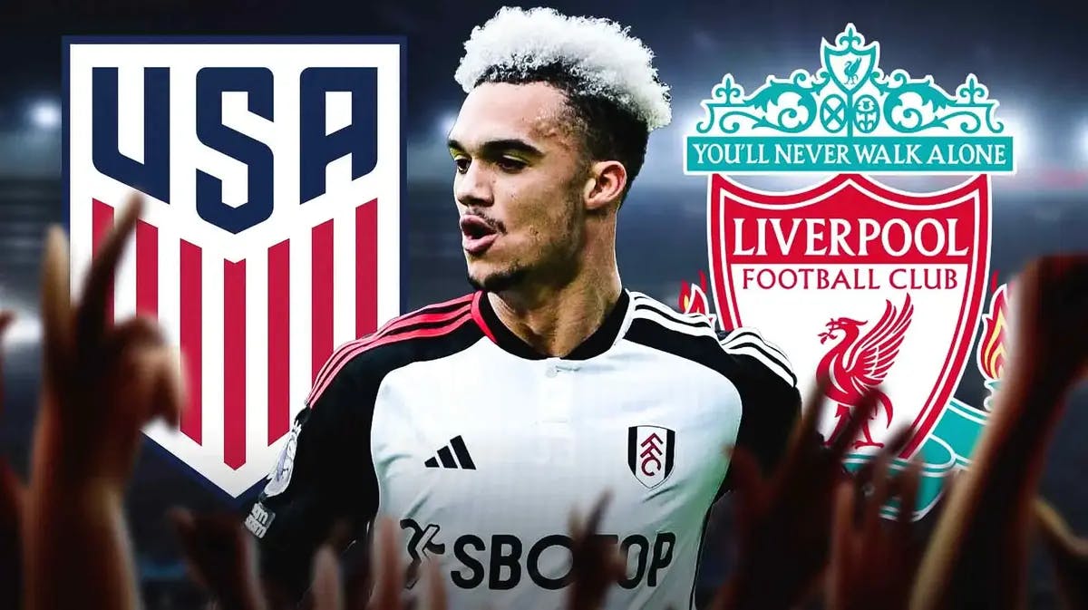 Antonee Robinson in front of the USMNT and Liverpool logos