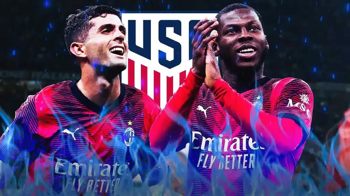 Christian Pulisic and Yunus Musah celebrating in blue fire, the USMNT logo behind them