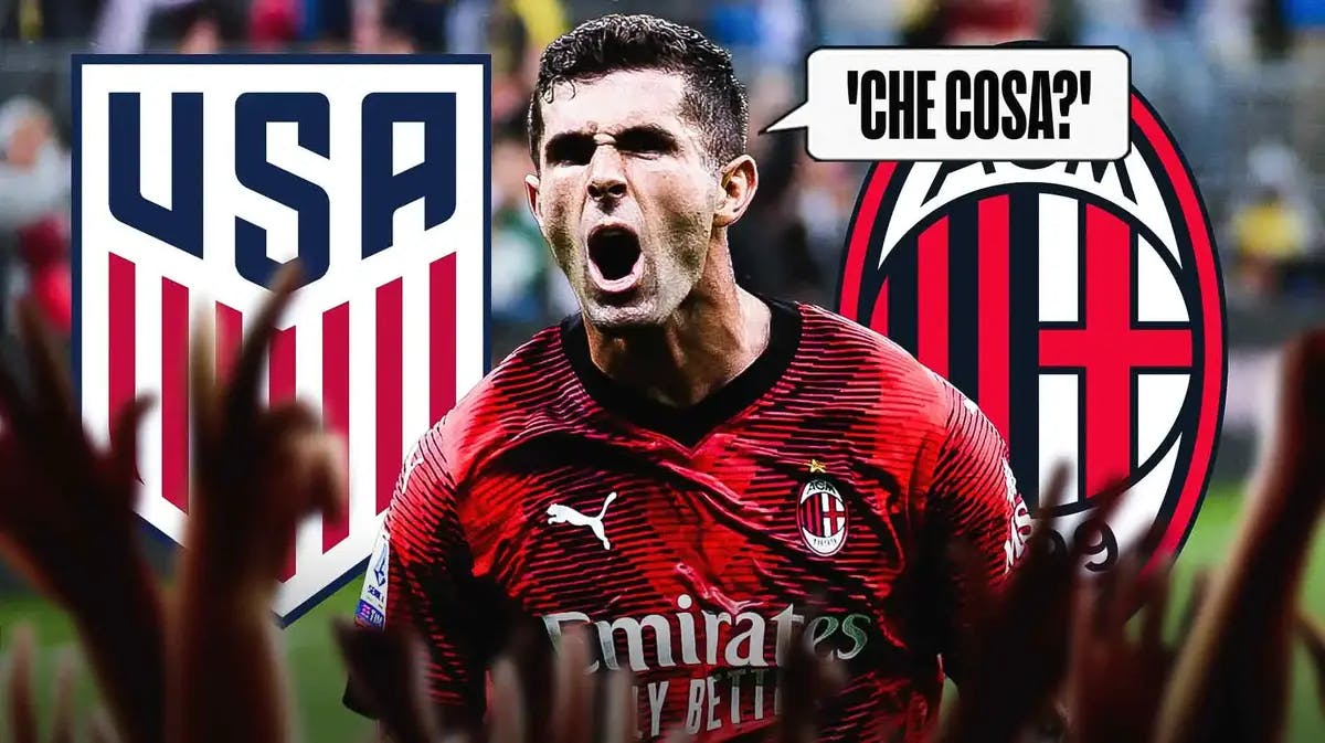 Christian Pulisic saying 'Che cosa?' in front of the AC MIlan and USMNT logos