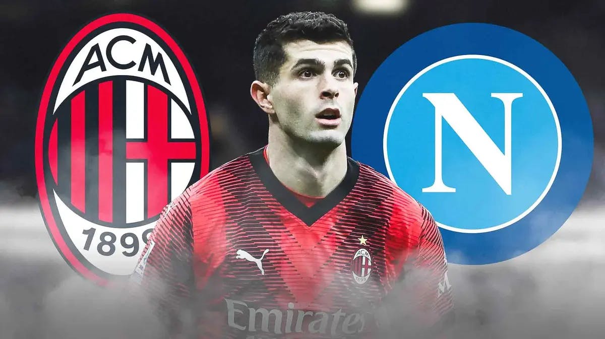Christian Pulisic in front of the AC Milan and Napoli logos USMNT