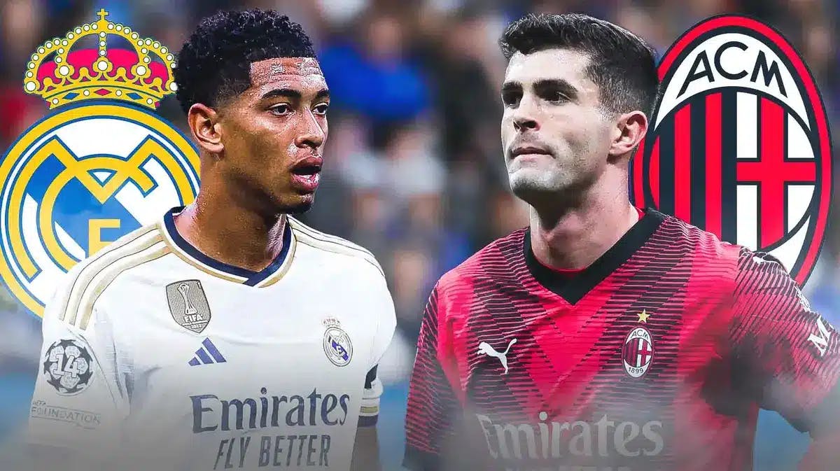 Jude Bellingham and Christian Pulisic looking towards each other in front of the Real Madrid and AC Milan logos