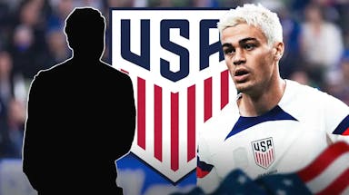 The silhouette of Malik Tillman next to Gio Reyna in front of the USMNT logo