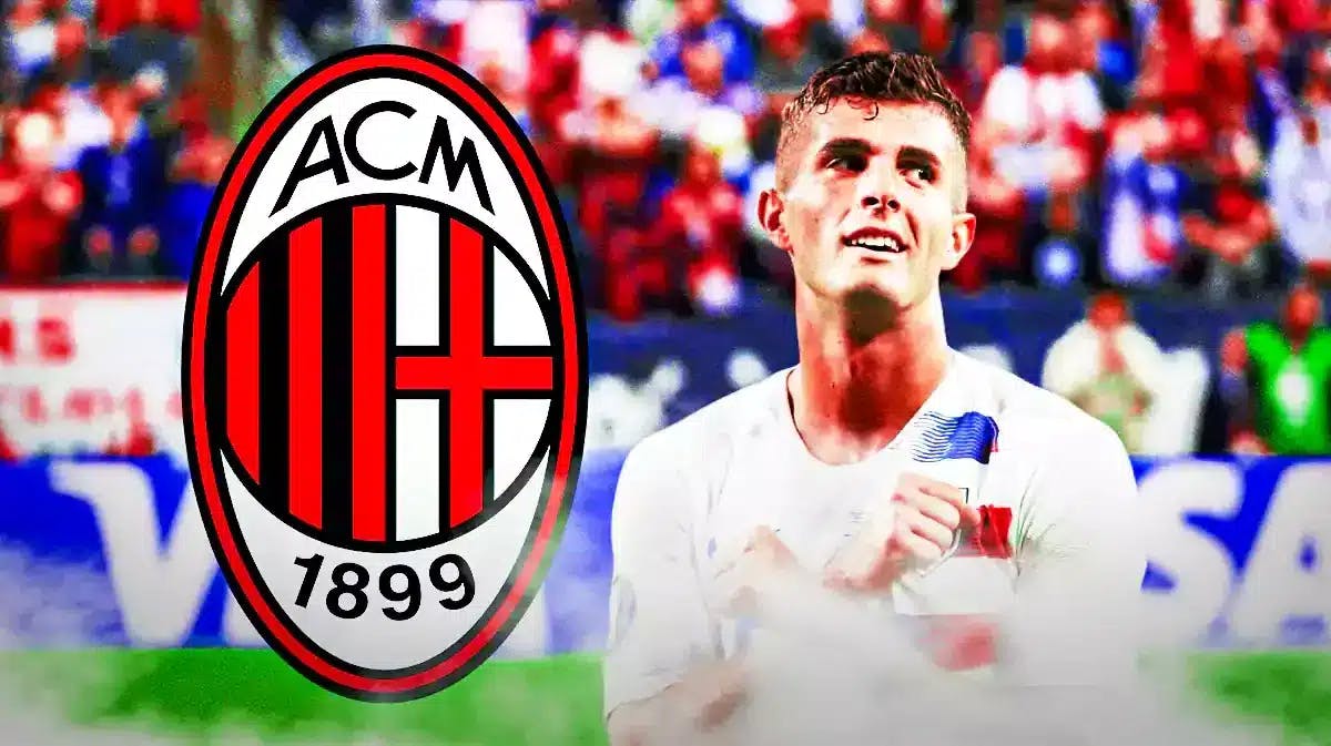 Christian Pulisic laughing in front of the AC Milan logo