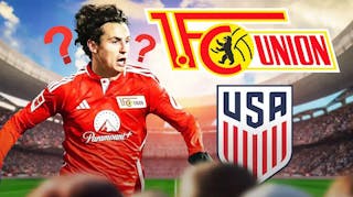 Brenden Aaronson in front of the Union Berlin and USMNT logos, questionmarks in the air