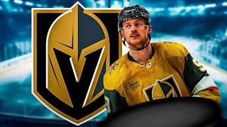 Jack Eichel in middle of image looking hopeful with fire around him, Vegas Golden Knights logo, hockey rink in background