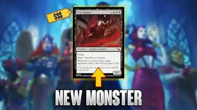 Vein Ripper card with a price tag on top of Murders In Karlov Manor key visual, text saying NEW MONSTER and a yellow arrow pointing at the card