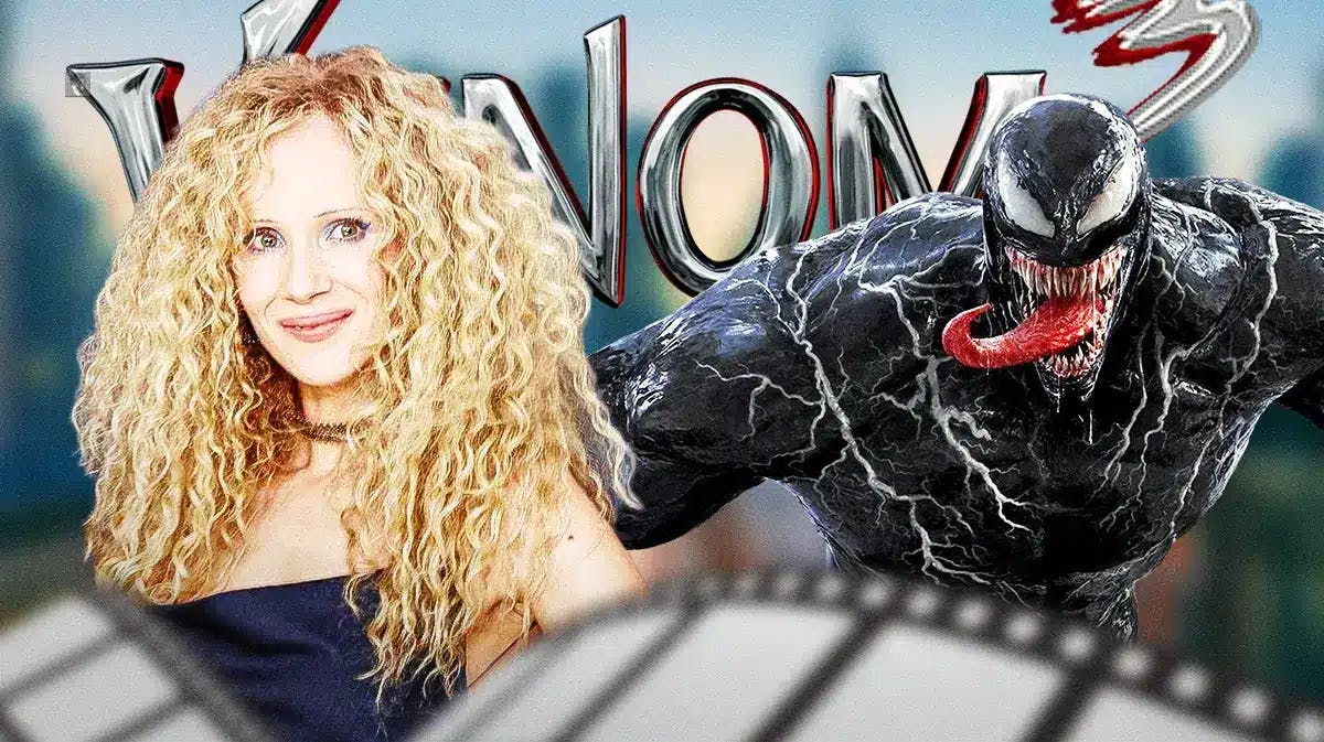 Juno Temple next to Venom and the Venom 3 logo in the background