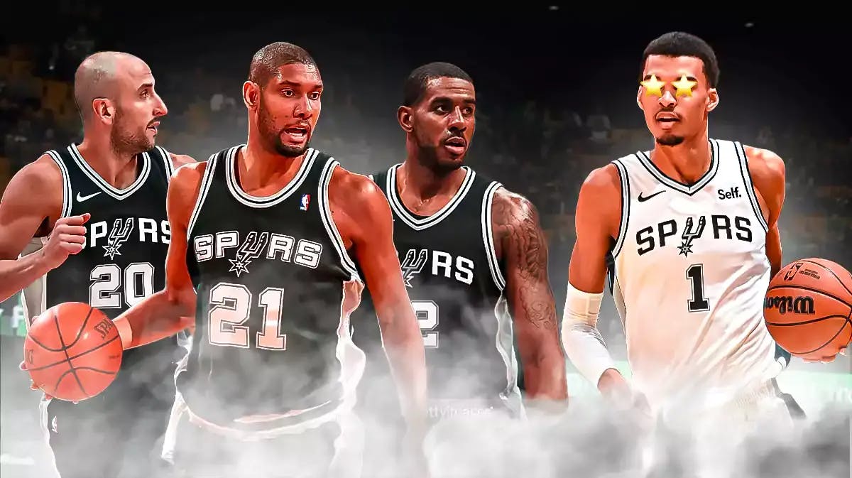 Victor Wembanyama on one side with stars in his eyes, Tim Duncan, Manu Ginobili, and LaMarcus Aldridge on the other side