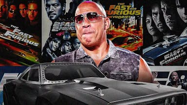 Vin Diesel in front of a collage of posters from the Fast and Furious franchise