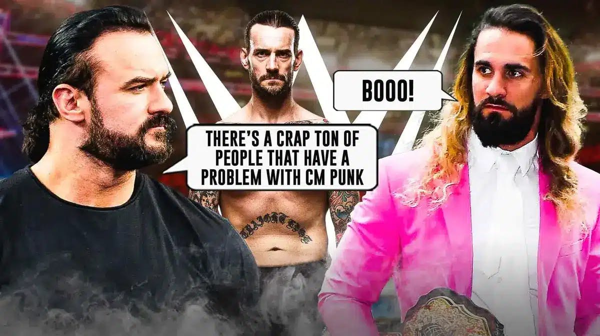 Drew McIntyre on the left with a text bubble reading _“_There’s a crap ton of people that have a problem with CM Punk” with CM Punk in the middle and Seth Rollins on the right with a text bubble reading “Booo!” with the WWE logo as the background.