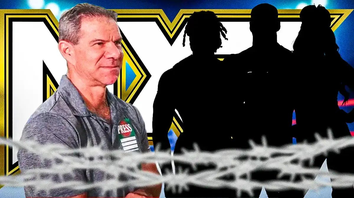 Dave Meltzer with the blacked-out silhouette of Bron Breakker, the blacked-out silhouette of Trick Williams, and the blacked-out silhouette of Tiffany Stratton with the NXT logo as the background.