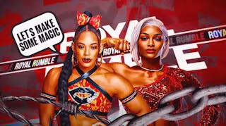 Bianca Belair with a text bubble reading “Let’s make some magic” next to Jade Cargill with the 2024 Royal Rumble logo as the background.