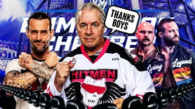 Bret Hart with a text bubble reading “Thanks boys” with CM Punk and FTR behind him and the 2024 Elimination Chamber logo as the background.