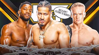 Carmelo Hayes with a text bubble reading “Melo ain't second to nobody” with Trick Williams on his left and Ilja Dragunov on his right with the NXT logo as the background.