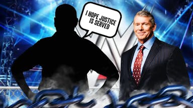 The blacked-out silhouette of Earl Hebner with a text bubble reading “I hope justice is served” next to Vince McMahon with the WWE logo as the background.