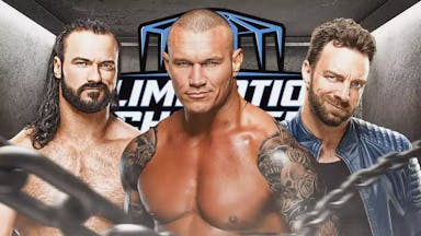 Drew McIntyre, Randy Orton, and LA Knight in front of the Elimination Chamber graphic.
