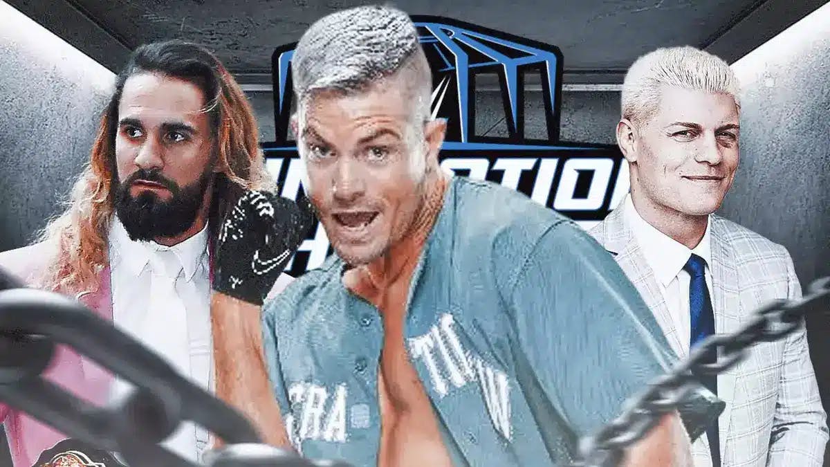 Seth Rollins, Grayson Waller, and Cody Rhodes in front of the Elimination Chamber graphic.