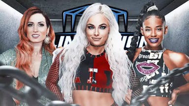Becky Lynch, Liv Morgan, and Bianca Belair in front of the Elimination Chamber graphic.