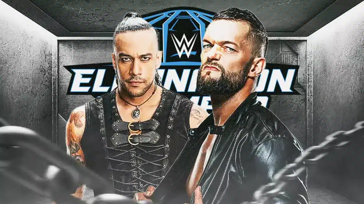 Damon Priest and Finn Balor in front of the Elimination Chamber graphic.