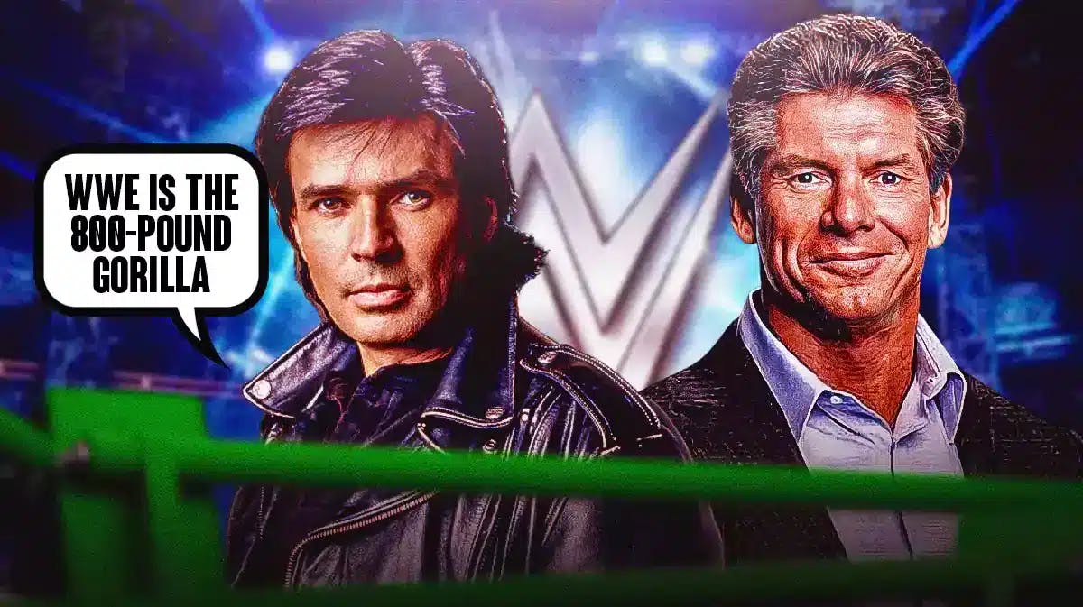 Eric Bischoff “WWE is the 800-pound gorilla” next to Vince McMahon with the WWE logo as the background.