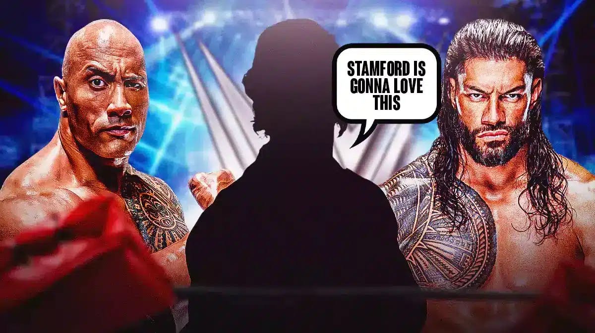 The blacked out silhouette of Jeff Jarrett with a text bubble reading “Stamford is gonna love this” with The Rock on the left and Roman Reigns on the Right with the WWE logo as the background.