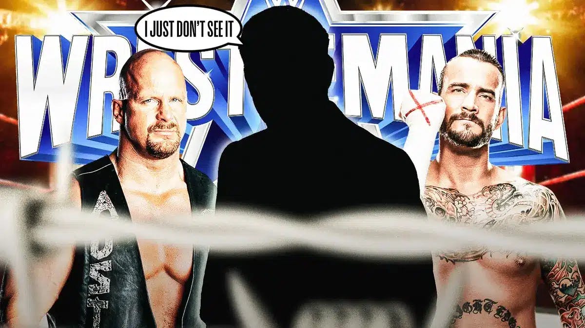 The blacked-out silhouette of Eric Bischoff with a text bubble reading “I just don’t see it” with “Stone Cold” Steve Austin on his left and CM Punk on his right with the WrestleMania logo as the background.