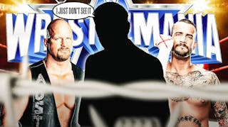 The blacked-out silhouette of Eric Bischoff with a text bubble reading “I just don’t see it” with “Stone Cold” Steve Austin on his left and CM Punk on his right with the WrestleMania logo as the background.