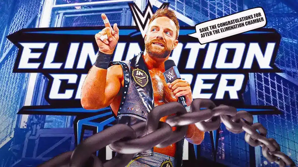 LA Knight with a text bubble reading “Save the congratulations for after the Elimination Chamber” with the 2024 Elimination Chamber logo as the background.