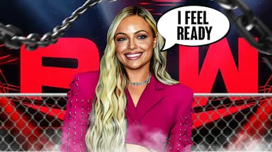 Liv Morgan with a text bubble reading “I feel ready” with the RAW logo as the background.