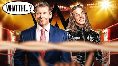 Vince McMahon with a text bubble reading “What the…?” next to Matt Riddle with the WWE logo as the background.