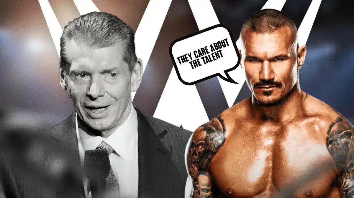 Randy Orton with a text bubble reading “They care about the talent” next to the greyed-out image of Vince McMahon with the WWE logo as the background.