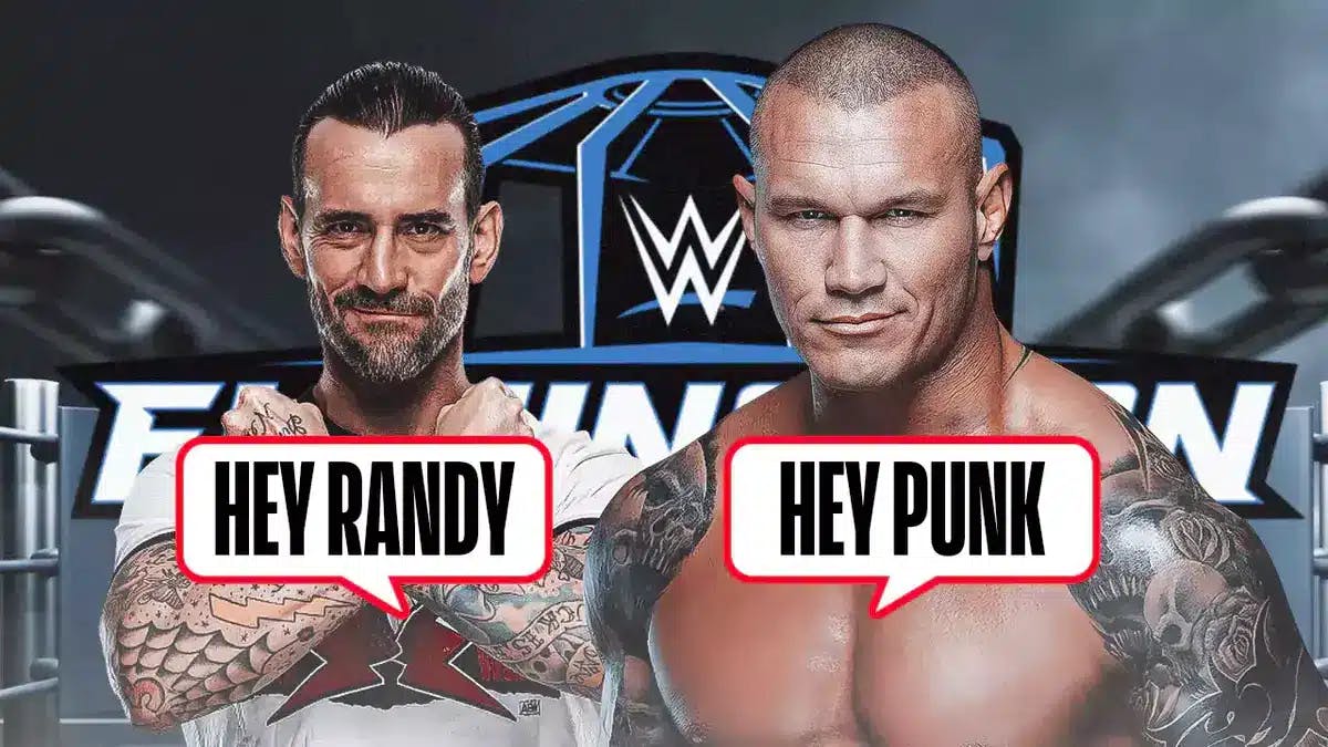 Randy Orton with a text bubble reading “Hey Punk” next to CM Punk with a text bubble reading “Hey Randy” with the 2023 Elimination Chamber logo as the background.