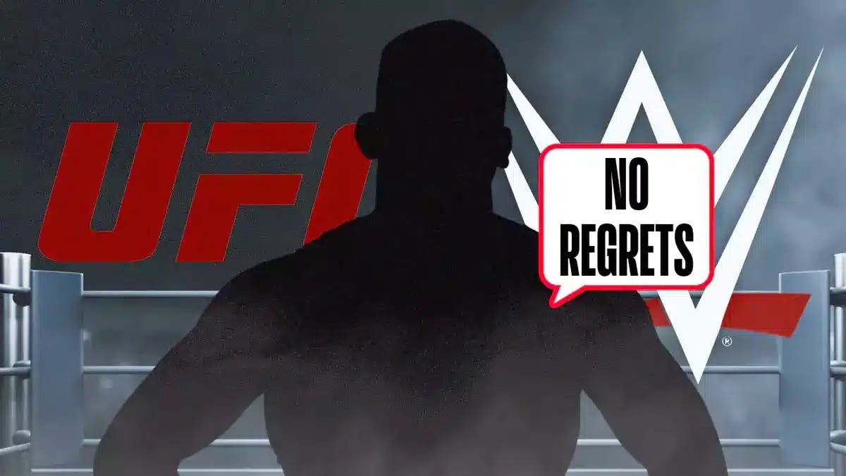 The blacked-out silhouette of Julius Creed with a text bubble reading “No regrets” with the UFC and the WWE logos as the background.