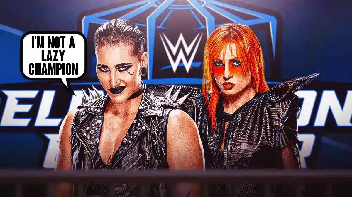 Rhea Ripley with a text bubble reading “I'm not a lazy champion” next to Becky Lynch with the Elimination Chamber logo as the background.