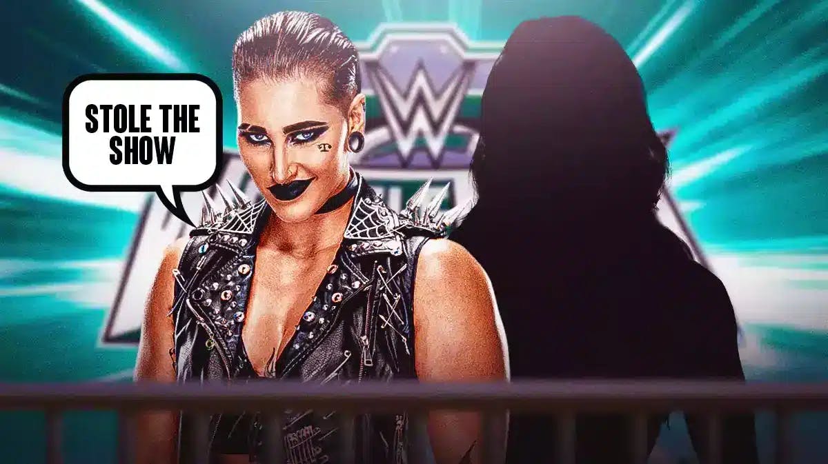 Rhea Ripley with a text bubble reading “Stole the show” next to the blacked-out silhouette of Charlotte Flair with the WrestleMania 40 logo as the background.