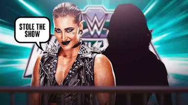 Rhea Ripley with a text bubble reading “Stole the show” next to the blacked-out silhouette of Charlotte Flair with the WrestleMania 40 logo as the background.