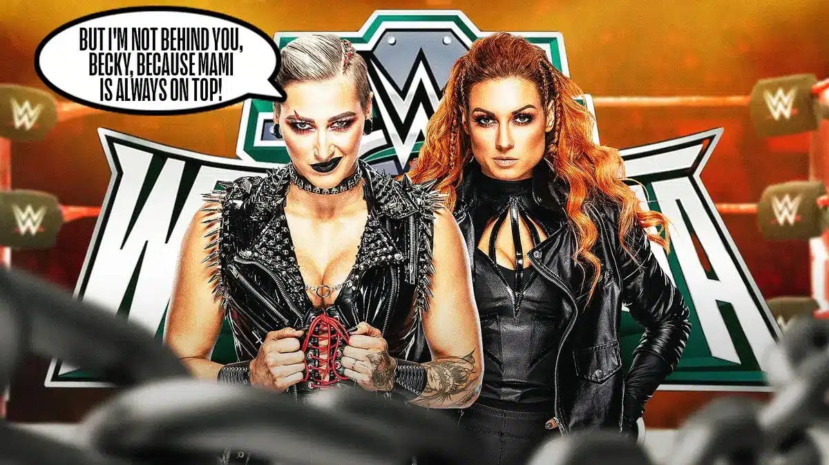 Rhea Ripley with a text bubble reading “But I'm not behind you, Becky, because Mami is always on top!” next to Becky Lynch with the WrestleMania 40 logo as the background.