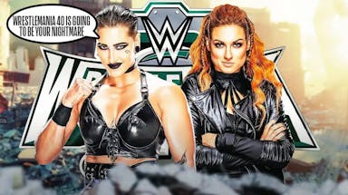 Rhea Ripley with a text bubble reading “WrestleMania 40 is going to be your nightmare” next to Becky Lynch with the WrestleMania 40 logo as the background.