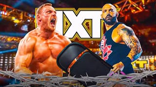 Shawn Spears holding a folding chair next to Ridge Holland with the NXT logo as the background.