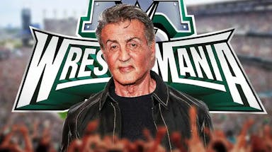 Sylvester Stallone with WWE WrestleMania 40 logo and Lincoln Financial Field background.