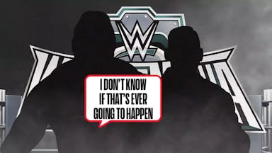 The blacked-out silhouette of Gunther with a text bubble reading “I don’t know if that’s ever going to happen” next to the blacked-out silhouette of Brock Lesnar with a question mark on his body with the WrestleMania 40 logo as the background.