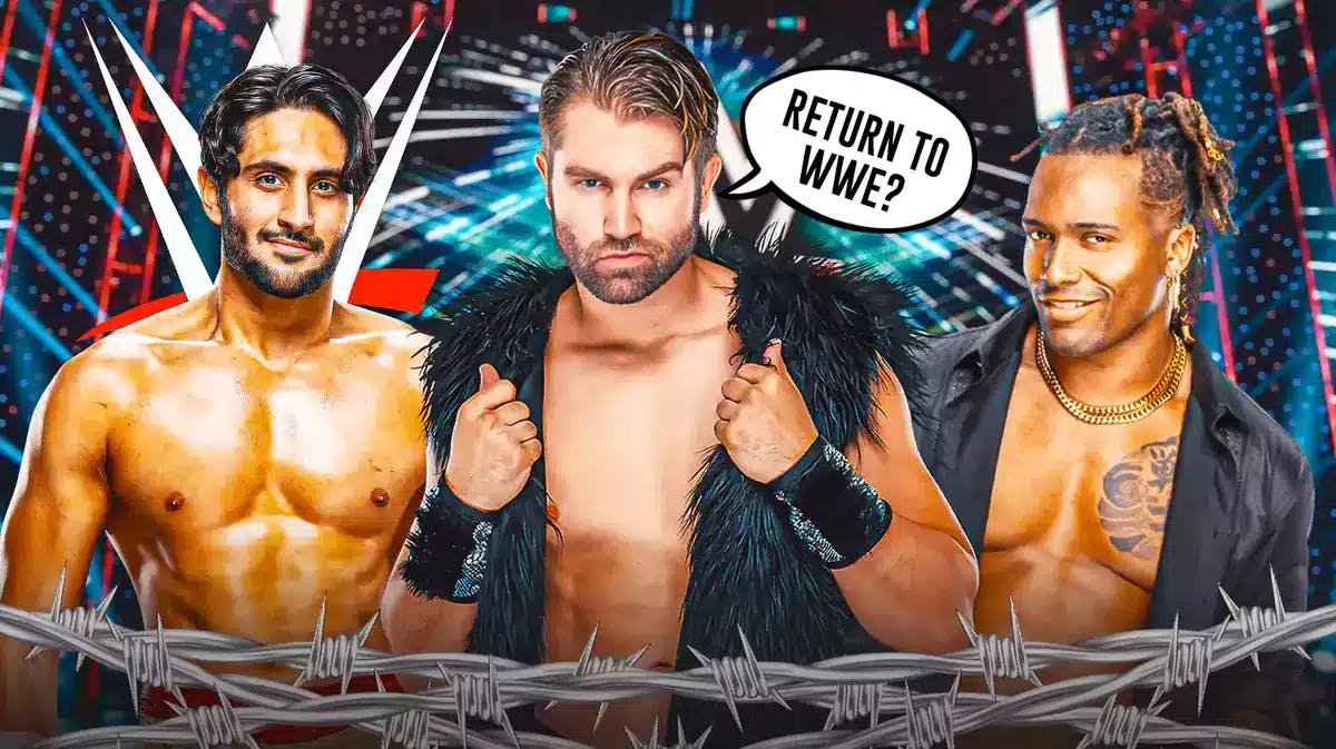 Tyler Breeze with a text bubble reading “Return to WWE?” with Mansoor on his left and Mason D Madden on his right with the WWE logo as the background.