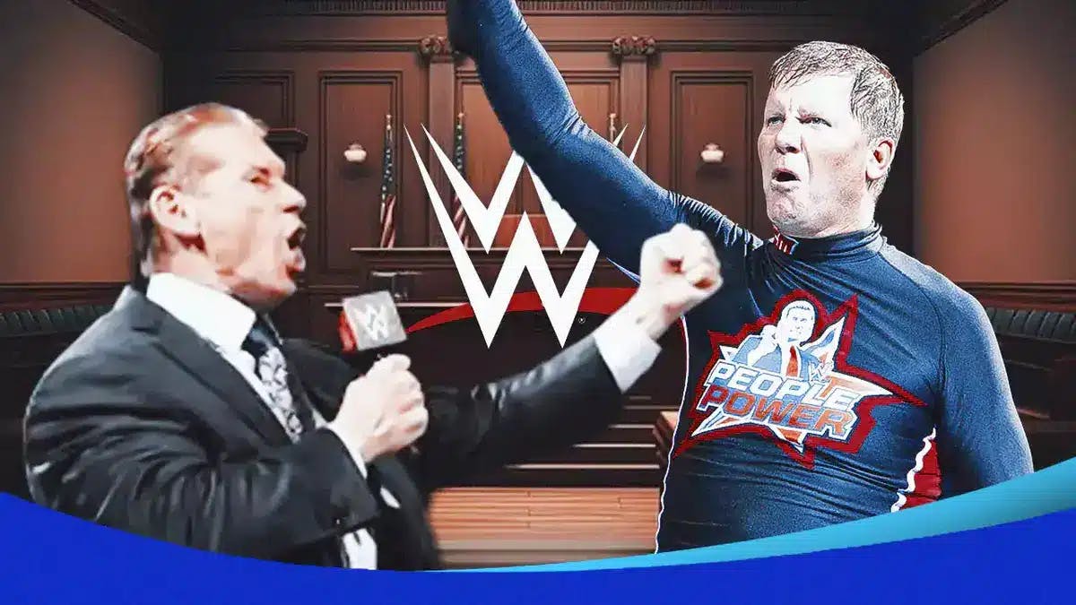 Vince McMahon and John Laurinaitis facing off in a courtroom with the WWE logo in the background