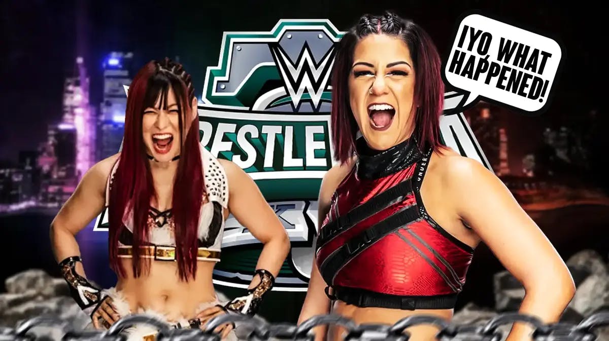Bayley with a text bubble reading “IYO, what happened!?” next to IYO SKY with the WrestleMania 40 logo as the background.