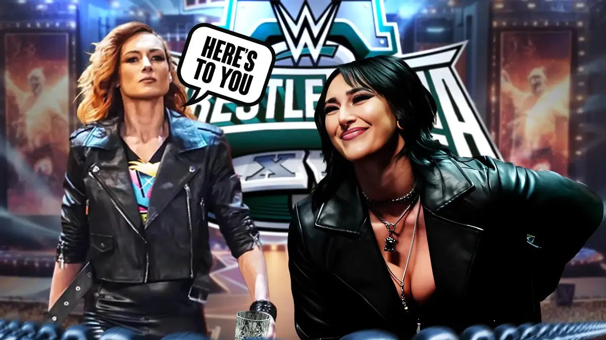 Becky Lynch with a glass in her hand and a text bubble reading “Here’s to you, Rhea Ripley!” next to Rhea Ripley with the WrestleMania 40 logo as the background.